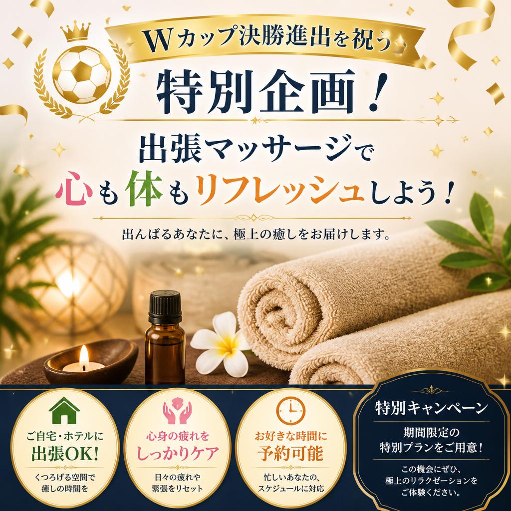 Wカップ決勝進出を祝う特別企画！出張マッサージで心も体もリフレッシュしよう！